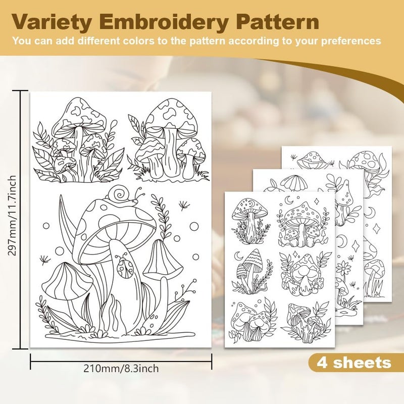DOODLREAM 15Pcs Mushroom and Plant Embroidery Pattern Stabilizers, 8.3"x11.7" Mushroom Water Soluble Stick and Stitch Embroidery Stickers, 4 Sheets Hand Sewing DIY Plant Embroidery Paper - Image 2
